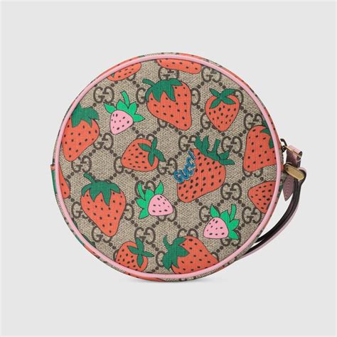 GUCCI GG Supreme Monogram Strawberry Round Wrist Wallet 